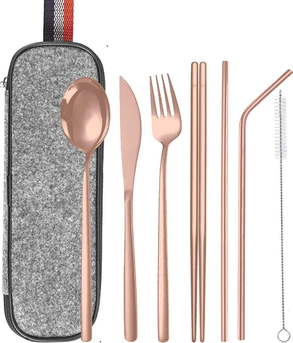 House Of Husk Reisbestek - Reis Bestekset - Chopsticks - Metalen Rietjes Met Borstel - Lepel - Vaatwasserbestendig - RVS - 7 Delig - Rose Goud