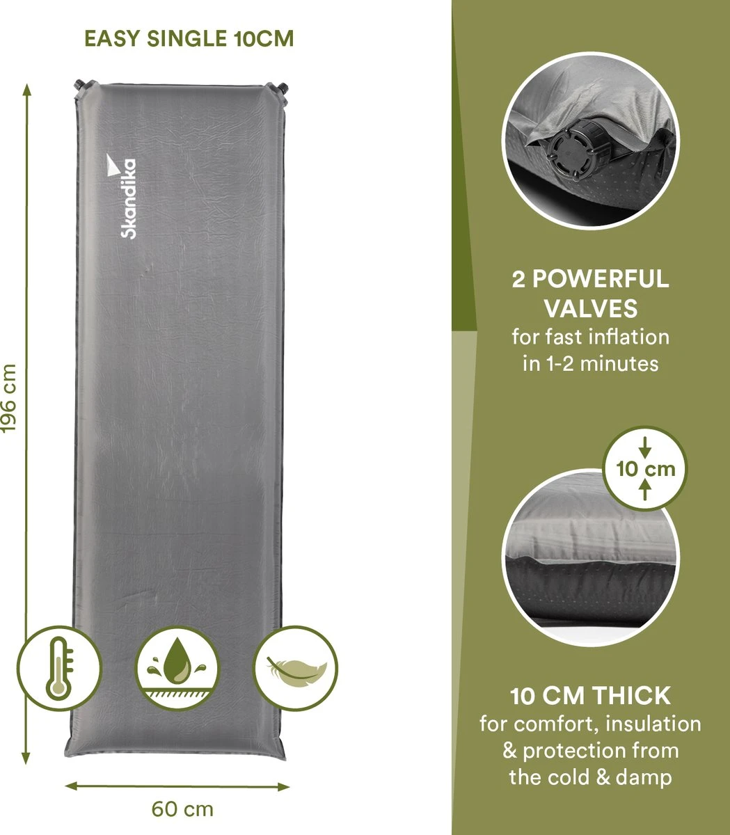 Skandika Easy Single Zelfopblaasbaar Slaapmat – Slaapmat – Slaapmat Zelfopblazend – Logeerbed – Polyester, PVC - Premium Zelfopblazend Luchtbed, Antislip-materiaal, Ideaal Voor Camping – Outdoor, Camping – Kamperen – 196 X 60 X 10 Cm – 3.2kg - Grijs - Afbeelding 3