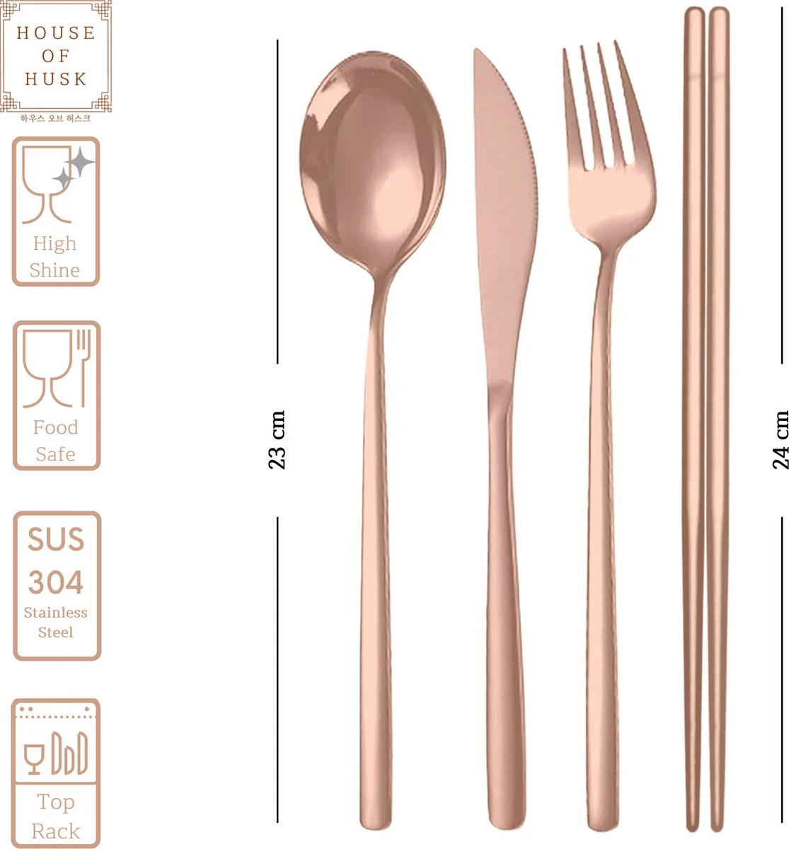 House Of Husk Reisbestek - Reis Bestekset - Chopsticks - Metalen Rietjes Met Borstel - Lepel - Vaatwasserbestendig - RVS - 7 Delig - Rose Goud - Afbeelding 4