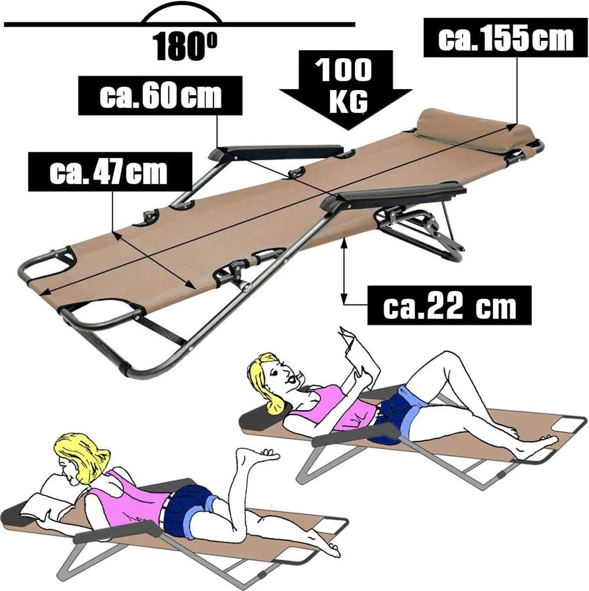 Ligstoel Opvouwbaar 155x60cm - Lichte Ligbed Relaxstoel Tuinstoel Campingstoel Strandstoel - Afbeelding 14