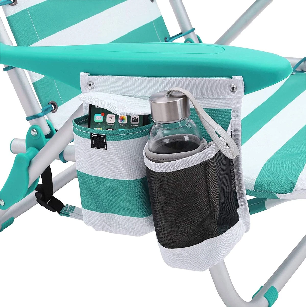 Strandstoel Met Afneembare Hoofdsteun, Draagbare Klapstoel, Campingstoel, Rugleuning Tot 180° Verstelbaar, Met Bekerhouder En Zijvak, Groene En Witte Strepen GCB62JW - Afbeelding 5