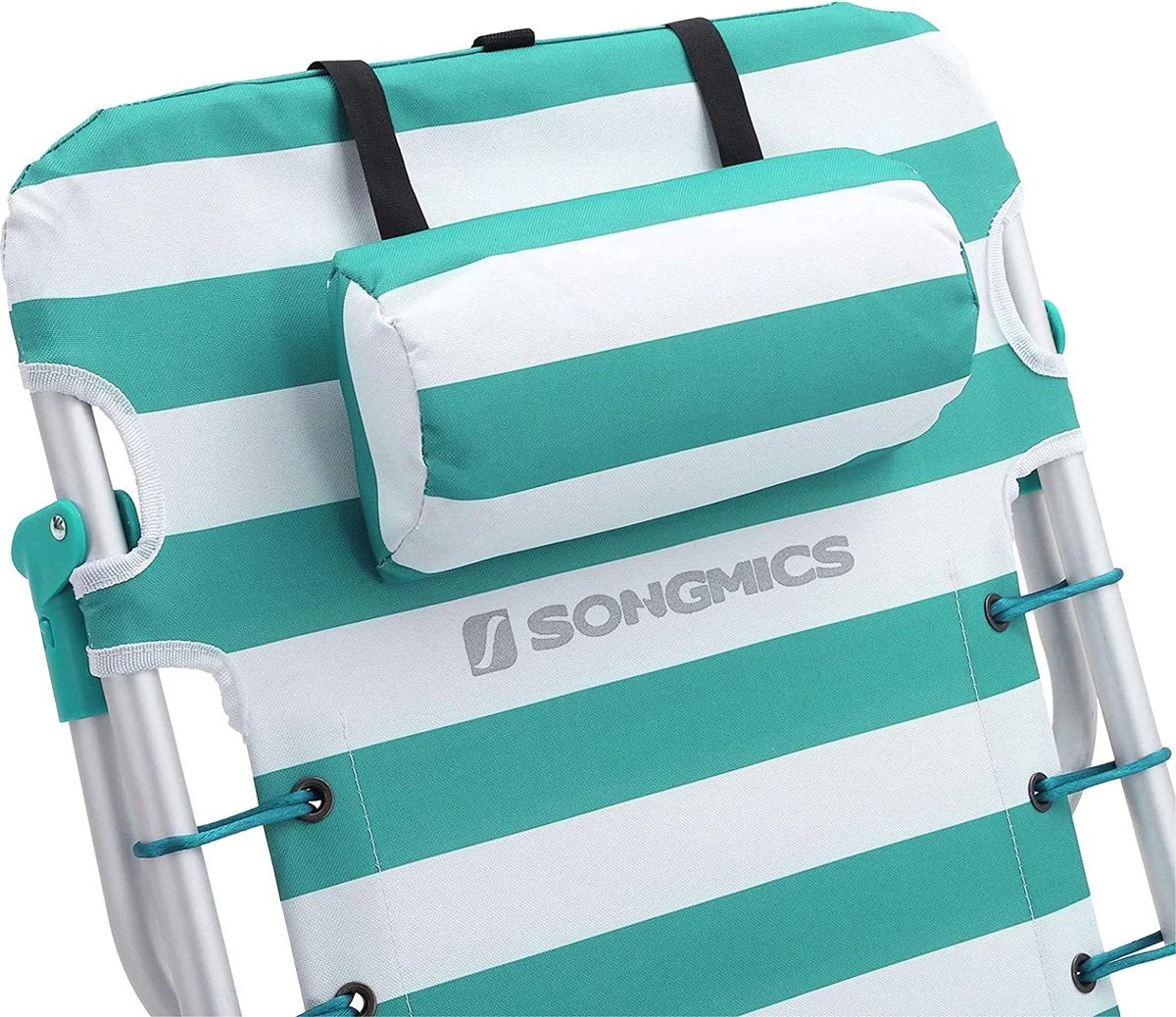 Strandstoel Met Afneembare Hoofdsteun, Draagbare Klapstoel, Campingstoel, Rugleuning Tot 180° Verstelbaar, Met Bekerhouder En Zijvak, Groene En Witte Strepen GCB62JW - Afbeelding 6