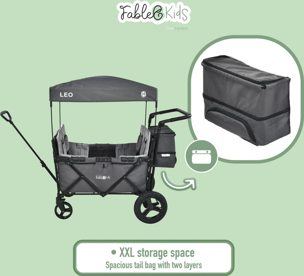 FableKids LEO X4Plus Opvouwbare Wagen Met Dak Fossil Grey - Afbeelding 8
