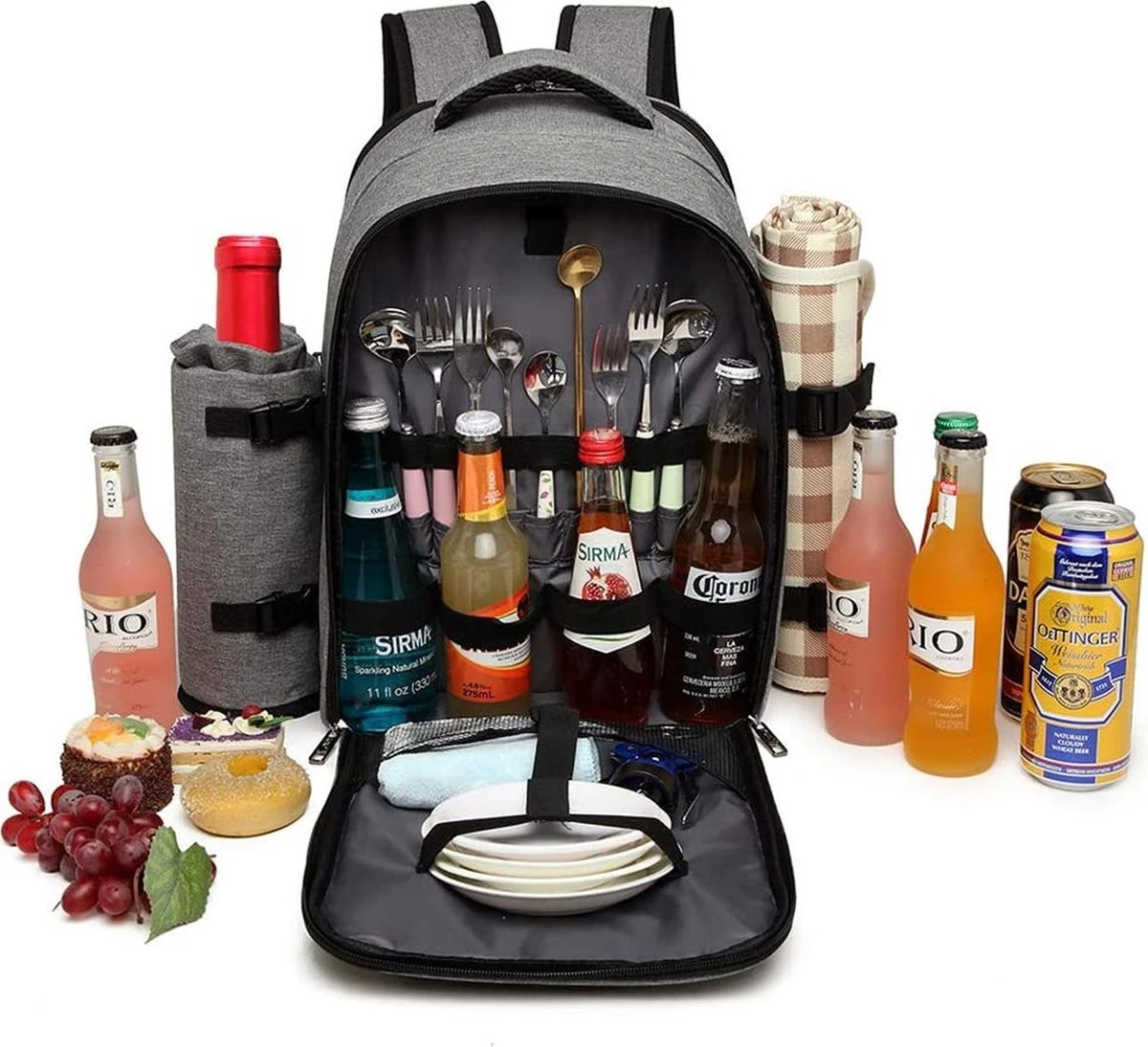 Kono Koeltas - Koelrugzak - Picknick - Picknicktas Met Flessenhouder - Koelrugtas Met Picknickkleed - Grijs (E6915 GY) - Afbeelding 2
