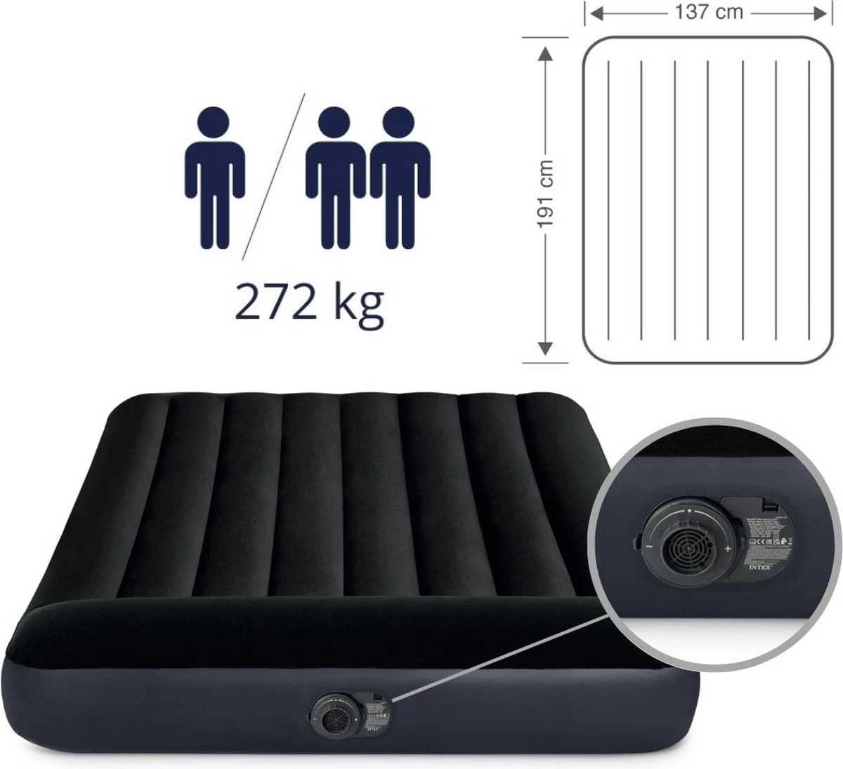 Intex Luchtbed - Twijfelaar - 137 X 191 X 25 Cm - Blauw - Met Ingebouwde Pomp, Hoeslaken Antraciet En Reparatieset - Afbeelding 6