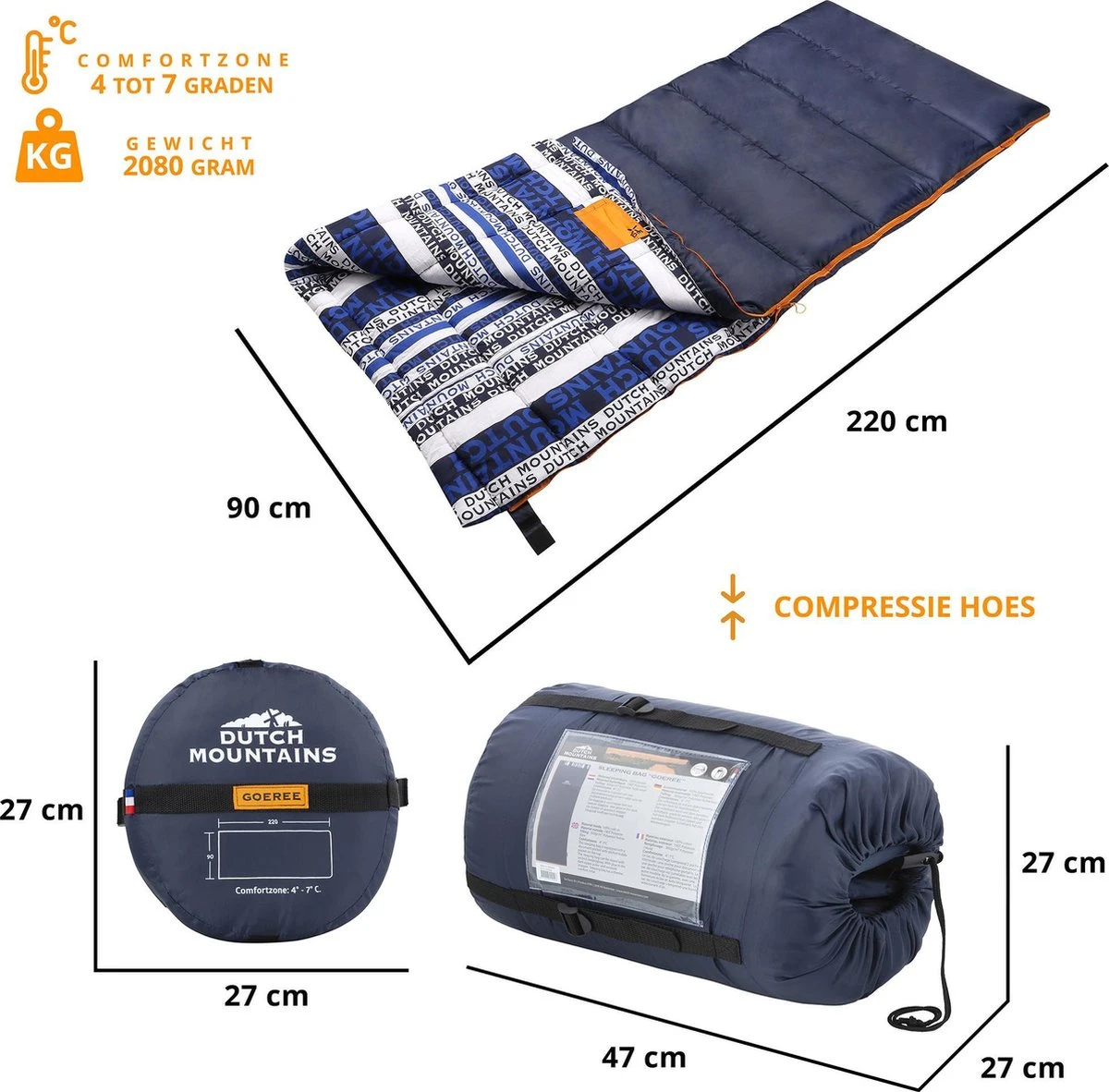 Dutch Mountains Slaapzak Goeree XL - Kussen 25x15cm - 220x90cm Katoenen Slaapzak - Tochtstrip - Afbeelding 4