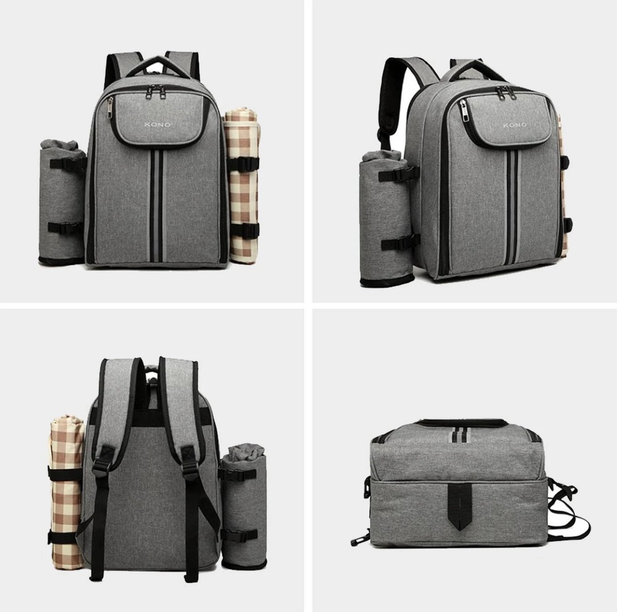 Kono Koeltas - Koelrugzak - Picknick - Picknicktas Met Flessenhouder - Koelrugtas Met Picknickkleed - Grijs (E6915 GY) - Afbeelding 7