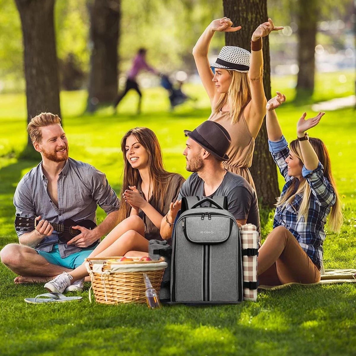 Kono Koeltas - Koelrugzak - Picknick - Picknicktas Met Flessenhouder - Koelrugtas Met Picknickkleed - Grijs (E6915 GY) - Afbeelding 6