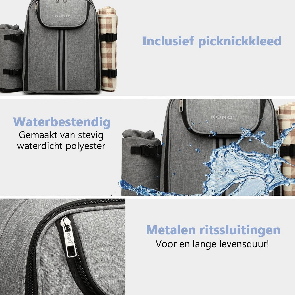 Kono Koeltas - Koelrugzak - Picknick - Picknicktas Met Flessenhouder - Koelrugtas Met Picknickkleed - Grijs (E6915 GY) - Afbeelding 9