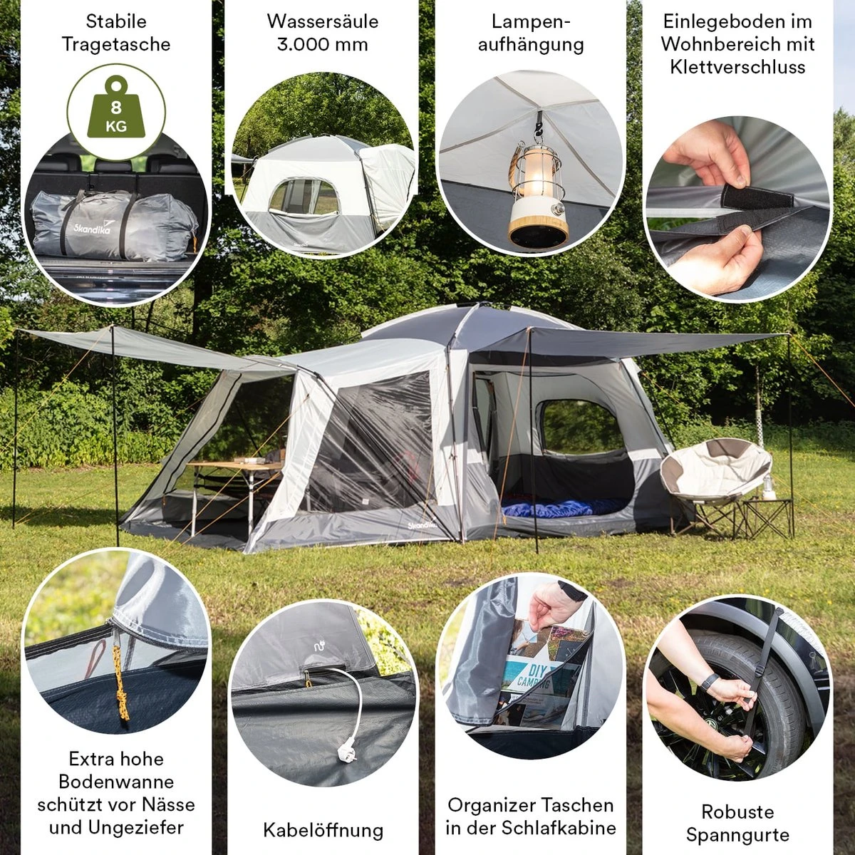 Skandika Pitea XL CROSS Tent – Koepeltenten - Autotent – Campingtent Voor SUV, Caddy, Auto, CUV - Voor Max. 4 Personen – Vrijstaand – Met/zonder Slaapcabine – Max. Stahoogte 230 Cm – 3000mm Waterkolom - 475 X 290 X 230 Cm (LxBxH) – Kamperen - Grijs - Afbeelding 2