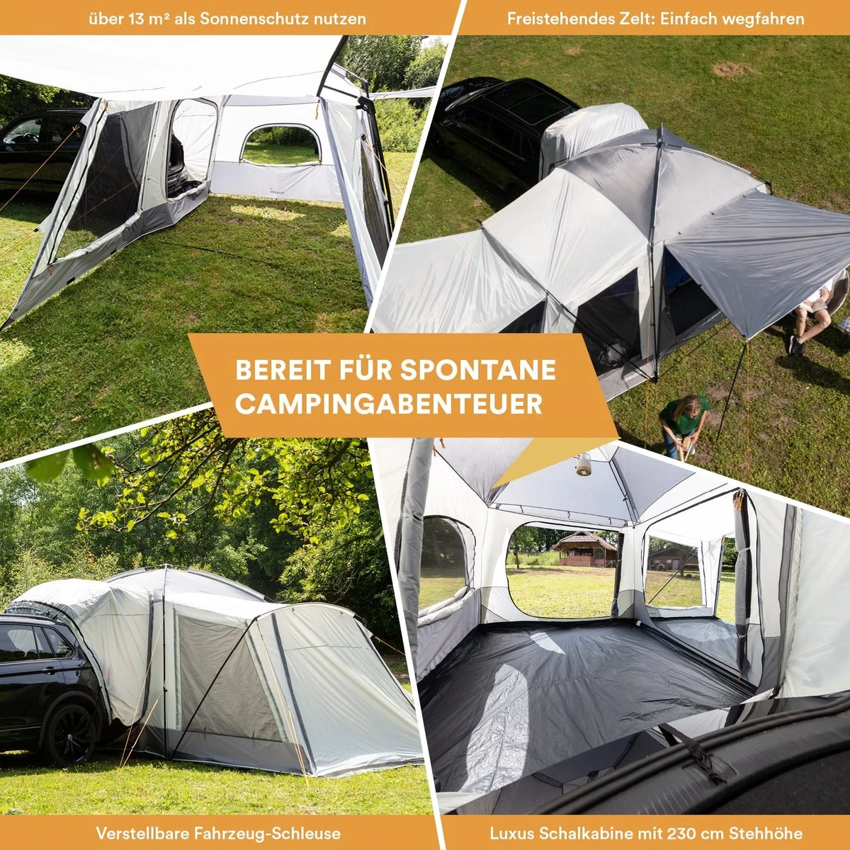 Skandika Pitea XL CROSS Tent – Koepeltenten - Autotent – Campingtent Voor SUV, Caddy, Auto, CUV - Voor Max. 4 Personen – Vrijstaand – Met/zonder Slaapcabine – Max. Stahoogte 230 Cm – 3000mm Waterkolom - 475 X 290 X 230 Cm (LxBxH) – Kamperen - Grijs - Afbeelding 3