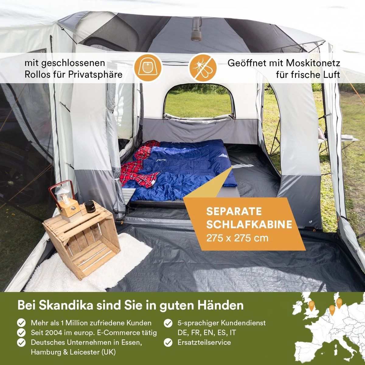 Skandika Pitea XL CROSS Tent – Koepeltenten - Autotent – Campingtent Voor SUV, Caddy, Auto, CUV - Voor Max. 4 Personen – Vrijstaand – Met/zonder Slaapcabine – Max. Stahoogte 230 Cm – 3000mm Waterkolom - 475 X 290 X 230 Cm (LxBxH) – Kamperen - Grijs - Afbeelding 4