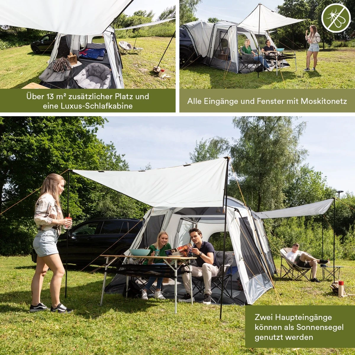 Skandika Pitea XL CROSS Tent – Koepeltenten - Autotent – Campingtent Voor SUV, Caddy, Auto, CUV - Voor Max. 4 Personen – Vrijstaand – Met/zonder Slaapcabine – Max. Stahoogte 230 Cm – 3000mm Waterkolom - 475 X 290 X 230 Cm (LxBxH) – Kamperen - Grijs - Afbeelding 7
