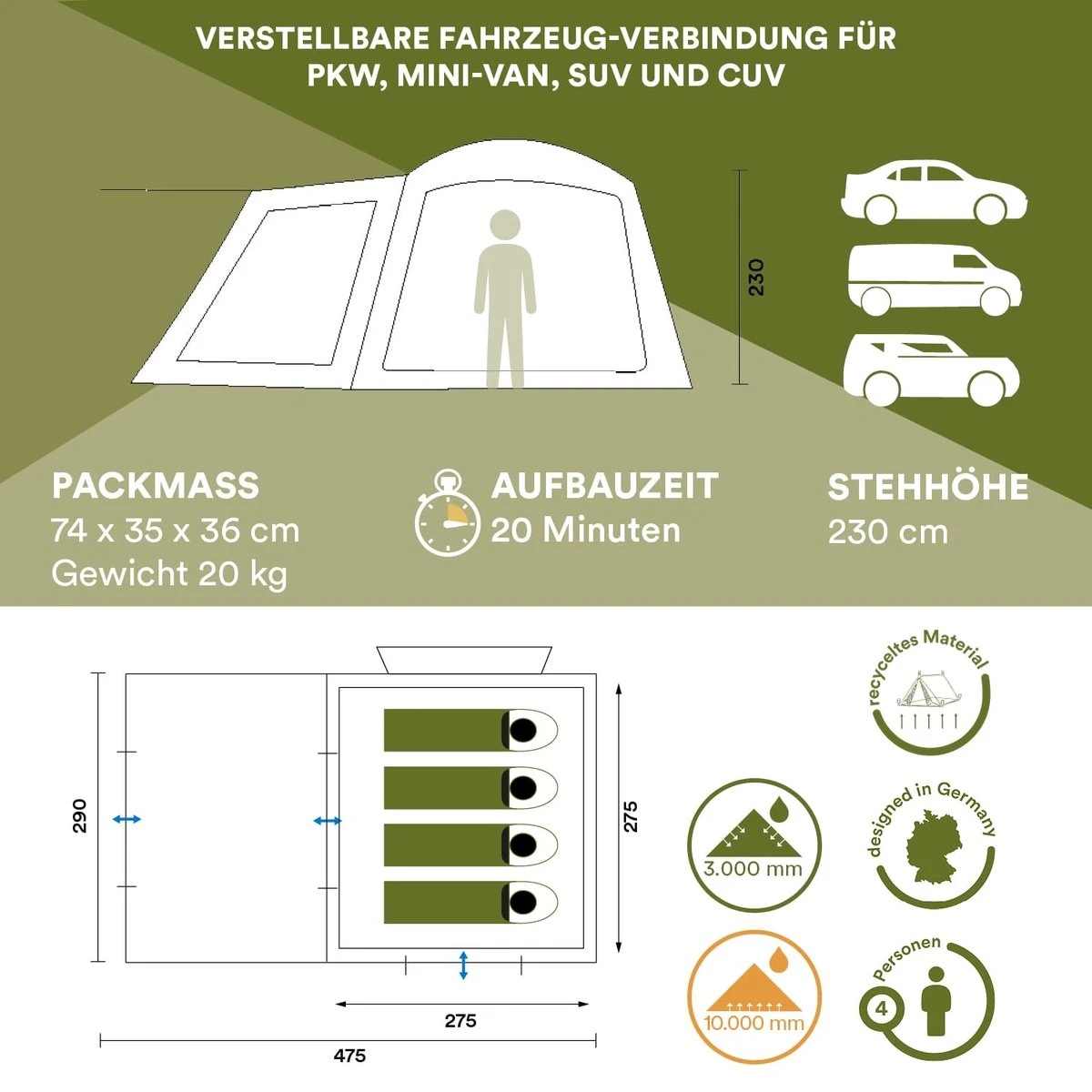 Skandika Pitea XL CROSS Tent – Koepeltenten - Autotent – Campingtent Voor SUV, Caddy, Auto, CUV - Voor Max. 4 Personen – Vrijstaand – Met/zonder Slaapcabine – Max. Stahoogte 230 Cm – 3000mm Waterkolom - 475 X 290 X 230 Cm (LxBxH) – Kamperen - Grijs - Afbeelding 8