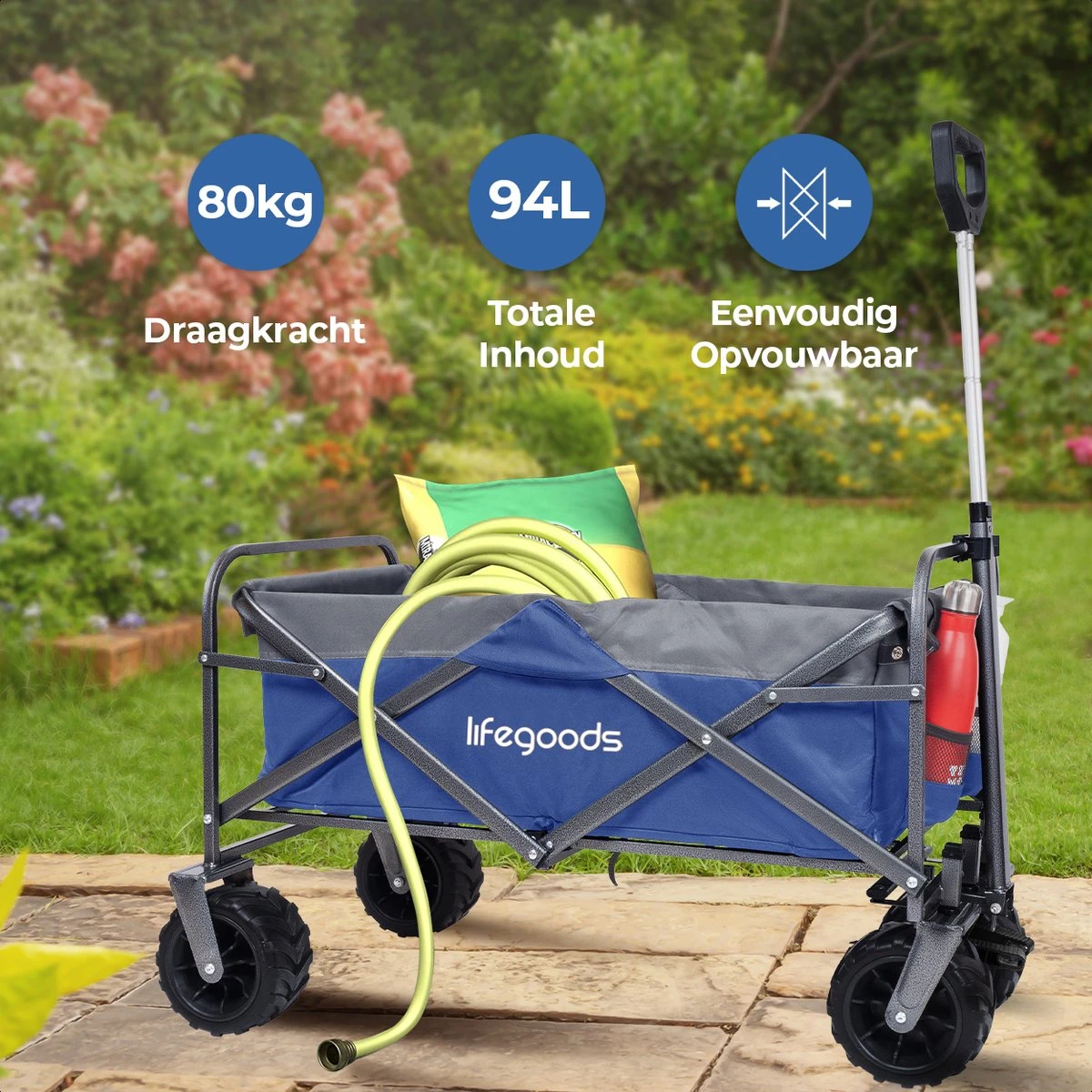 LifeGoods Bolderkar - Opvouwbaar - Tot 80KG - 94L - Wasbaar Polyester - 98x45cm - Blauw/Grijs - Afbeelding 2
