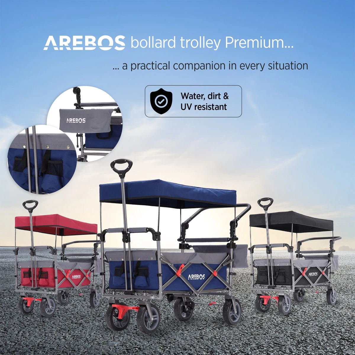 AREBOS Premium Steekwagen Met Dak Opvouwbare Tuinkar Handkar Bolderkar Blauw / Grijs - Afbeelding 8