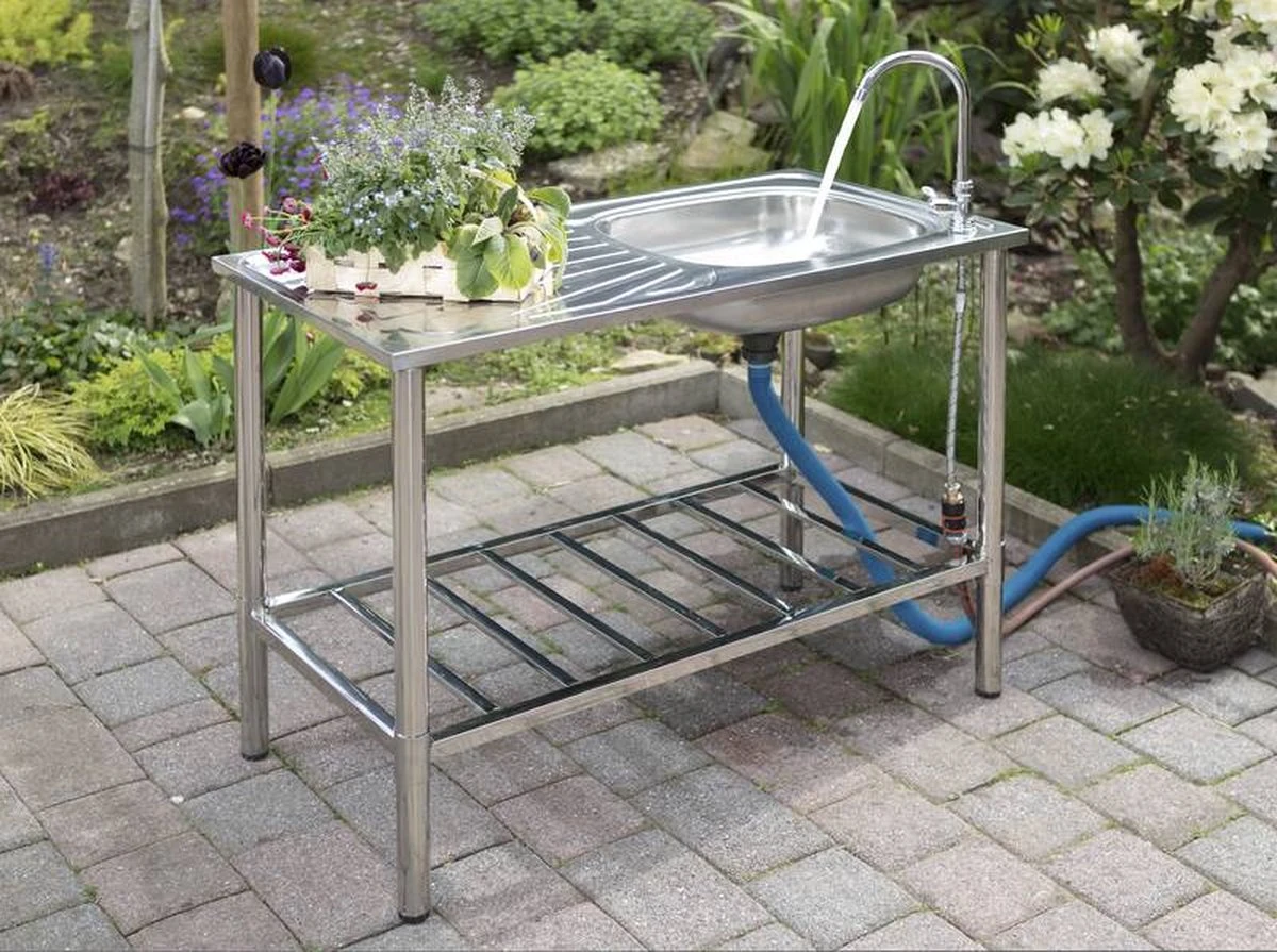 Camping/Outdoor Inox Tafel Met Gootsteen Lavabo En Kraan 100x77x50cm - Afbeelding 2